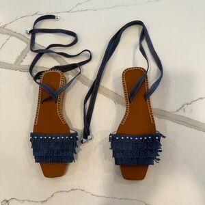 Jimmy Choo Fringe Navy Suede Sandals with Ankle Straps, Size 41 NWOT